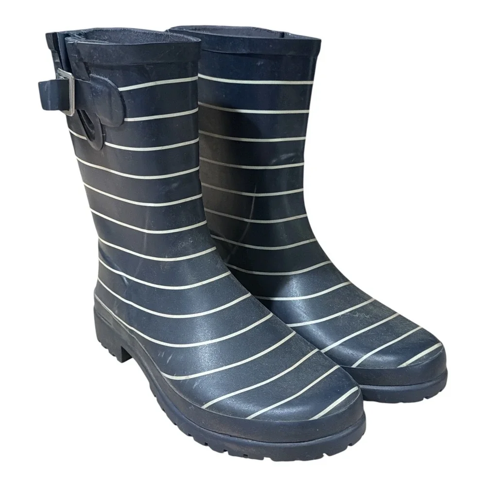 Lands' End Womens Navy Blue White Striped Waterproof Rain Boots Size 9B 508531